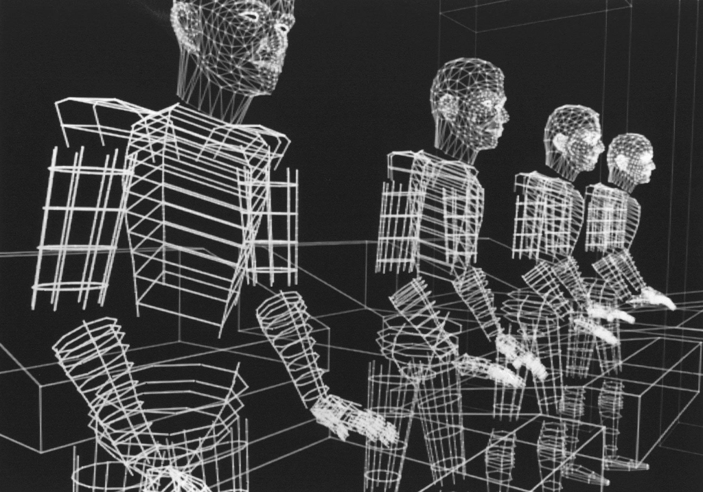 Wireframe figures representing systems